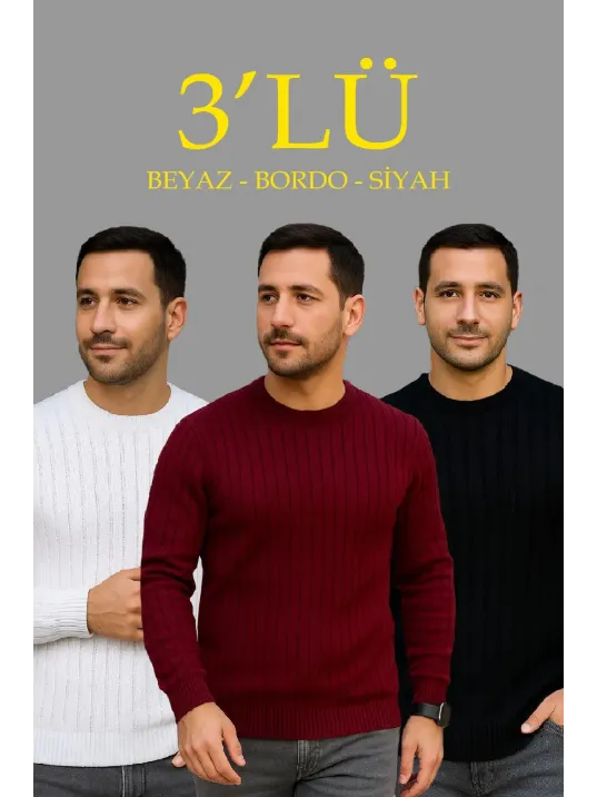 Erkek Fitilli Triko Bisiklet Yaka Kalın Kazak 3'lü Set Beyaz-bordo-siyah