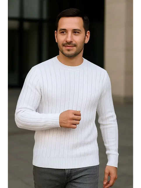 Erkek Fitilli Triko Bisiklet Yaka Kalın Kazak 3'lü Set Beyaz-bordo-siyah