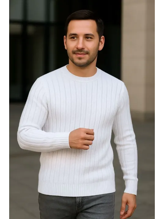 Erkek Fitilli Triko Bisiklet Yaka Kalın Kazak 3'lü Set Beyaz-bordo-siyah