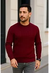 Erkek Fitilli Triko Bisiklet Yaka Kalın Kazak 3'lü Set Beyaz-bordo-siyah