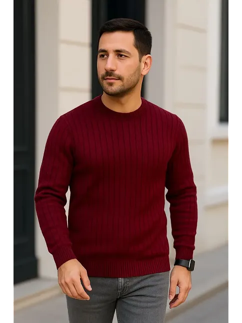 Erkek Fitilli Triko Bisiklet Yaka Kalın Kazak 3'lü Set Beyaz-bordo-siyah