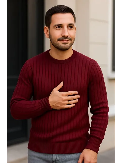 Erkek Fitilli Triko Bisiklet Yaka Kalın Kazak 3'lü Set Beyaz-bordo-siyah
