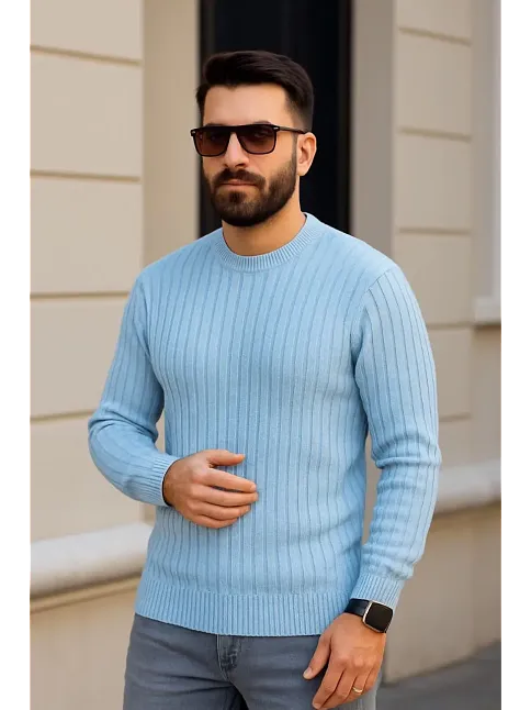 Erkek Fitilli Triko Bisiklet Yaka Kalın Kazak 4'lü Set Beyaz-bebek Mavisi-gri-siyah