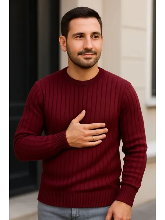 Erkek Fitilli Triko Bisiklet Yaka Kalın Kazak 4'lü Set Beyaz-bordo-gri-siyah