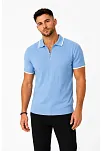 Erkek Fitilli Triko T-shirt Polo Yaka Yarım Fermuarlı Kısa Kollu Tişört - Açık Mavi