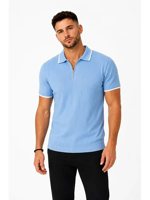 Erkek Fitilli Triko T-shirt Polo Yaka Yarım Fermuarlı Kısa Kollu Tişört - Açık Mavi