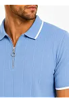 Erkek Fitilli Triko T-shirt Polo Yaka Yarım Fermuarlı Kısa Kollu Tişört - Açık Mavi