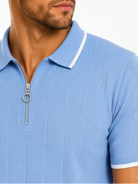 Erkek Fitilli Triko T-shirt Polo Yaka Yarım Fermuarlı Kısa Kollu Tişört - Açık Mavi