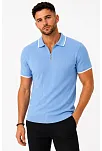 Erkek Fitilli Triko T-shirt Polo Yaka Yarım Fermuarlı Kısa Kollu Tişört - Açık Mavi