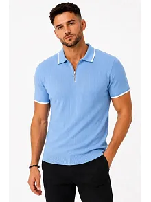 Erkek Fitilli Triko T-shirt Polo Yaka Yarım Fermuarlı Kısa Kollu Tişört - Açık Mavi