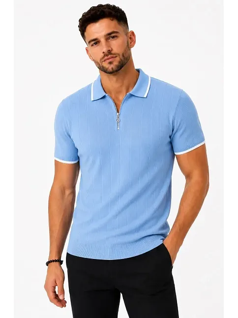 Erkek Fitilli Triko T-shirt Polo Yaka Yarım Fermuarlı Kısa Kollu Tişört - Açık Mavi