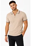 Erkek Fitilli Triko T-shirt Polo Yaka Yarım Fermuarlı Kısa Kollu Tişört - Bej