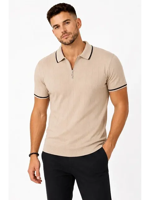 Erkek Fitilli Triko T-shirt Polo Yaka Yarım Fermuarlı Kısa Kollu Tişört - Bej