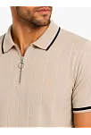Erkek Fitilli Triko T-shirt Polo Yaka Yarım Fermuarlı Kısa Kollu Tişört - Bej