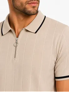 Erkek Fitilli Triko T-shirt Polo Yaka Yarım Fermuarlı Kısa Kollu Tişört - Bej