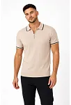 Erkek Fitilli Triko T-shirt Polo Yaka Yarım Fermuarlı Kısa Kollu Tişört - Bej