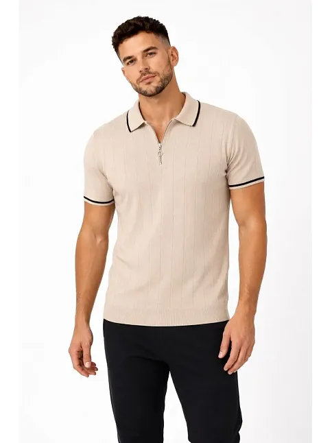 Erkek Fitilli Triko T-shirt Polo Yaka Yarım Fermuarlı Kısa Kollu Tişört - Bej
