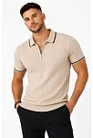 Erkek Fitilli Triko T-shirt Polo Yaka Yarım Fermuarlı Kısa Kollu Tişört - Bej