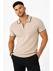 Erkek Fitilli Triko T-shirt Polo Yaka Yarım Fermuarlı Kısa Kollu Tişört - Bej