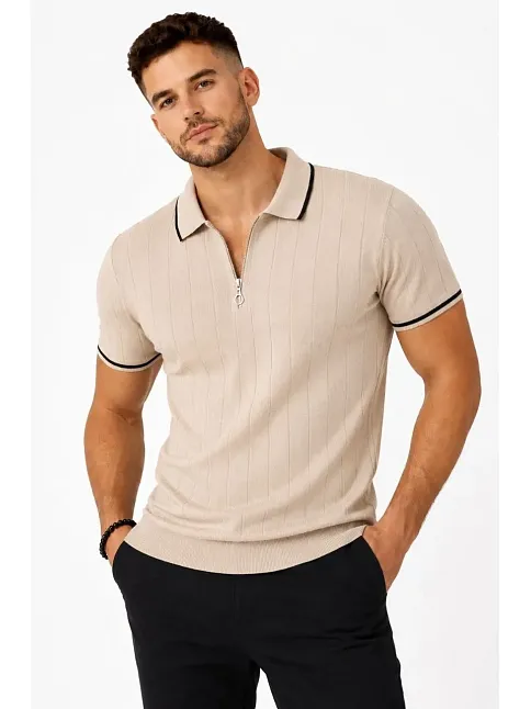 Erkek Fitilli Triko T-shirt Polo Yaka Yarım Fermuarlı Kısa Kollu Tişört - Bej