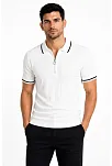 Erkek Fitilli Triko T-shirt Polo Yaka Yarım Fermuarlı Kısa Kollu Tişört - Beyaz