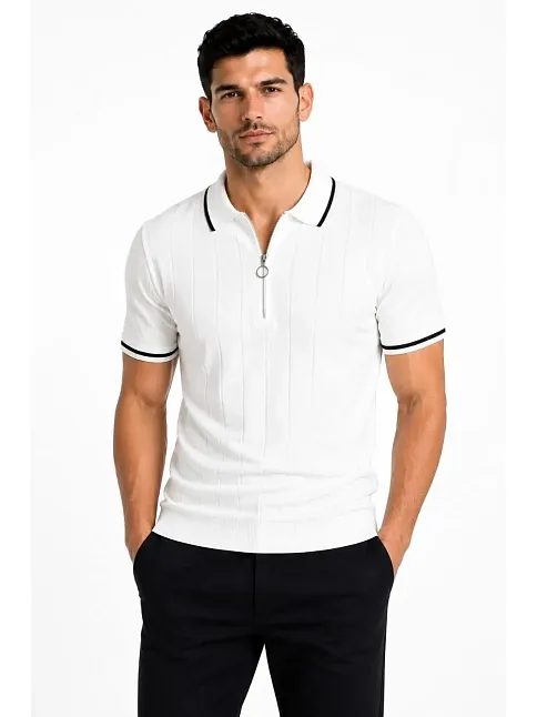 Erkek Fitilli Triko T-shirt Polo Yaka Yarım Fermuarlı Kısa Kollu Tişört - Beyaz