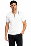 Erkek Fitilli Triko T-shirt Polo Yaka Yarım Fermuarlı Kısa Kollu Tişört - Beyaz