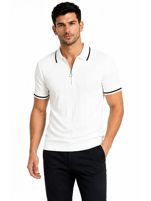 Erkek Fitilli Triko T-shirt Polo Yaka Yarım Fermuarlı Kısa Kollu Tişört - Beyaz