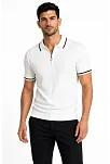Erkek Fitilli Triko T-shirt Polo Yaka Yarım Fermuarlı Kısa Kollu Tişört - Beyaz