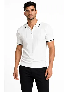 Erkek Fitilli Triko T-shirt Polo Yaka Yarım Fermuarlı Kısa Kollu Tişört - Beyaz
