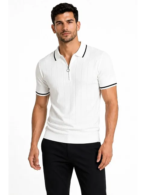 Erkek Fitilli Triko T-shirt Polo Yaka Yarım Fermuarlı Kısa Kollu Tişört - Beyaz