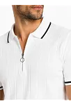 Erkek Fitilli Triko T-shirt Polo Yaka Yarım Fermuarlı Kısa Kollu Tişört - Beyaz