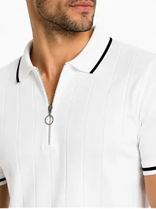 Erkek Fitilli Triko T-shirt Polo Yaka Yarım Fermuarlı Kısa Kollu Tişört - Beyaz