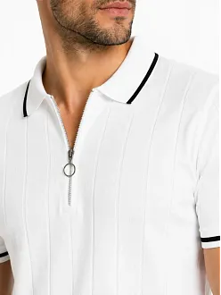 Erkek Fitilli Triko T-shirt Polo Yaka Yarım Fermuarlı Kısa Kollu Tişört - Beyaz