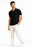 Erkek Fitilli Triko T-shirt Polo Yaka Yarım Fermuarlı Kısa Kollu Tişört - Siyah