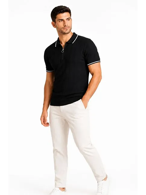 Erkek Fitilli Triko T-shirt Polo Yaka Yarım Fermuarlı Kısa Kollu Tişört - Siyah