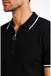 Erkek Fitilli Triko T-shirt Polo Yaka Yarım Fermuarlı Kısa Kollu Tişört - Siyah