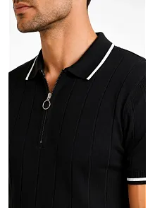 Erkek Fitilli Triko T-shirt Polo Yaka Yarım Fermuarlı Kısa Kollu Tişört - Siyah