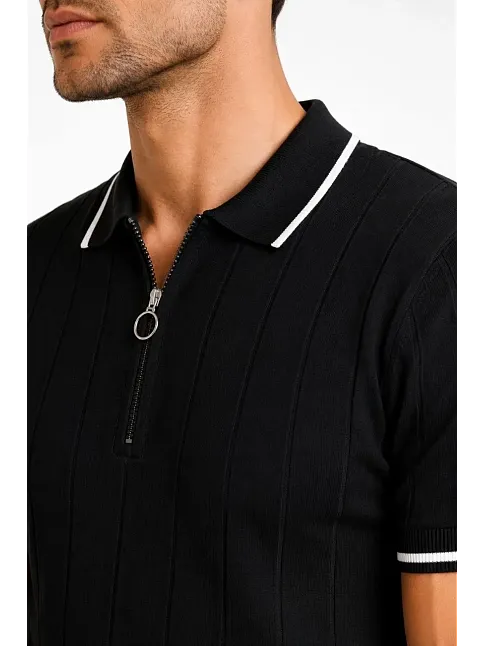 Erkek Fitilli Triko T-shirt Polo Yaka Yarım Fermuarlı Kısa Kollu Tişört - Siyah