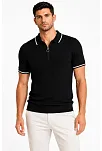 Erkek Fitilli Triko T-shirt Polo Yaka Yarım Fermuarlı Kısa Kollu Tişört - Siyah