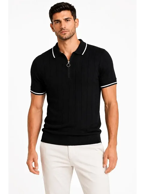 Erkek Fitilli Triko T-shirt Polo Yaka Yarım Fermuarlı Kısa Kollu Tişört - Siyah
