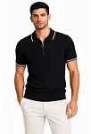 Erkek Fitilli Triko T-shirt Polo Yaka Yarım Fermuarlı Kısa Kollu Tişört - Siyah