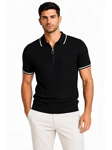Erkek Fitilli Triko T-shirt Polo Yaka Yarım Fermuarlı Kısa Kollu Tişört - Siyah