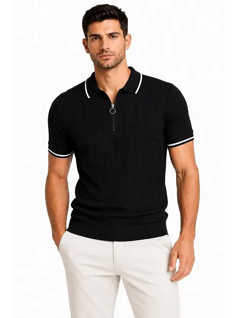 Erkek Fitilli Triko T-shirt Polo Yaka Yarım Fermuarlı Kısa Kollu Tişört - Siyah