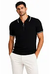 Erkek Fitilli Triko T-shirt Polo Yaka Yarım Fermuarlı Kısa Kollu Tişört - Siyah