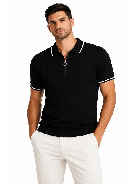 Erkek Fitilli Triko T-shirt Polo Yaka Yarım Fermuarlı Kısa Kollu Tişört - Siyah