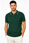 Erkek Fitilli Triko T-shirt Polo Yaka Yarım Fermuarlı Kısa Kollu Tişört - Yeşil