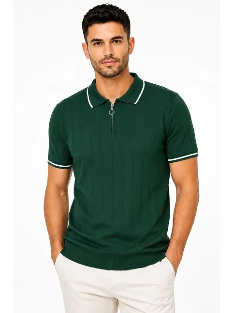 Erkek Fitilli Triko T-shirt Polo Yaka Yarım Fermuarlı Kısa Kollu Tişört - Yeşil