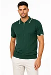 Erkek Fitilli Triko T-shirt Polo Yaka Yarım Fermuarlı Kısa Kollu Tişört - Yeşil