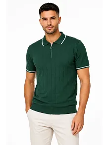 Erkek Fitilli Triko T-shirt Polo Yaka Yarım Fermuarlı Kısa Kollu Tişört - Yeşil